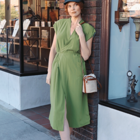 NWT Oddbird Aydın Reversible House Dress Wrap Dress Olive Green Plaid Gingham XS - Picture 4 of 9